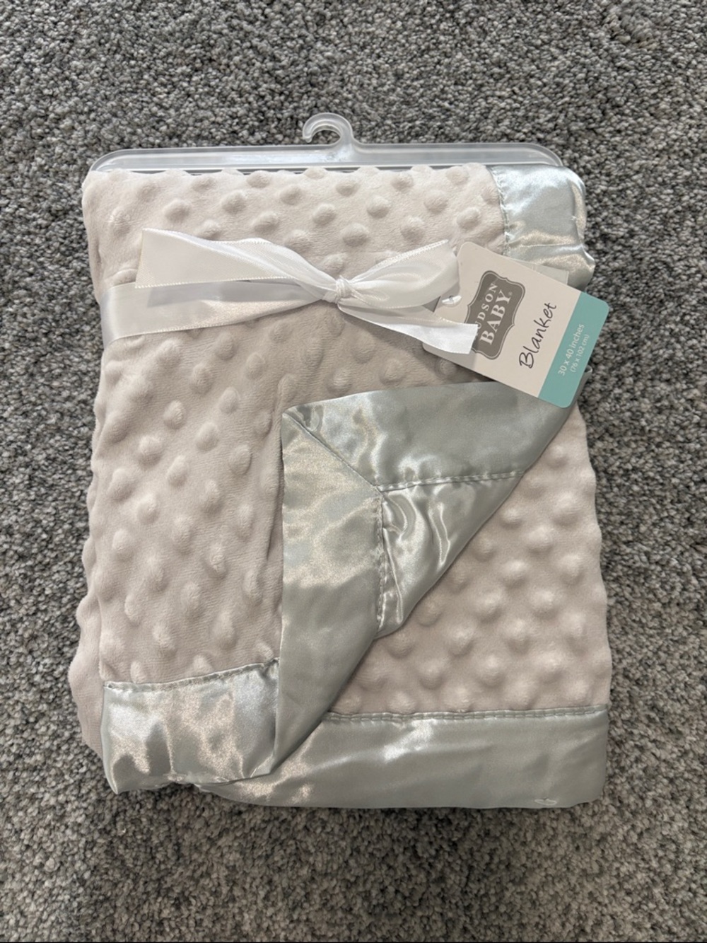 Hudson Baby Grey Dot Minky Blanket with Silver Satin Trim